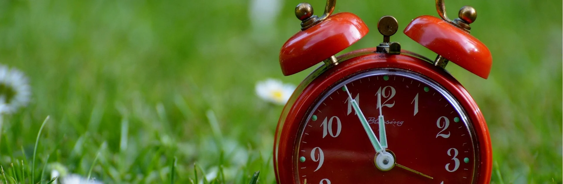 A red alarm clock outside on some grass in the sunshine, to illustrate a post about prevarication