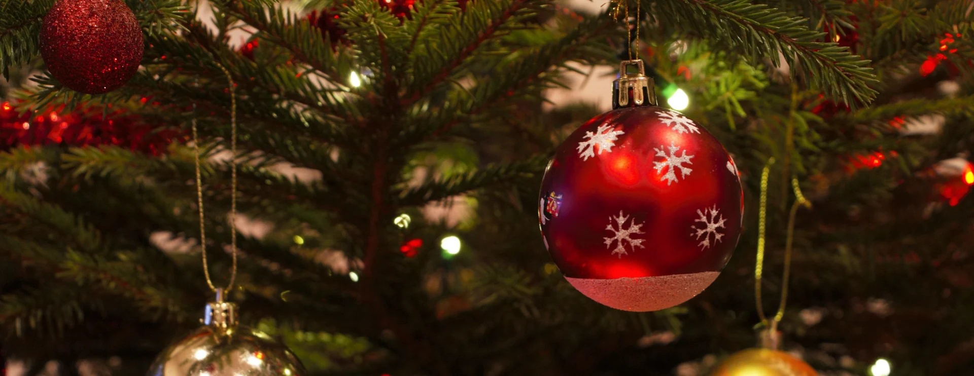 Christmas baubles hanging on a tree, for a post where Alex sent out an exclusive short story to email subscribers