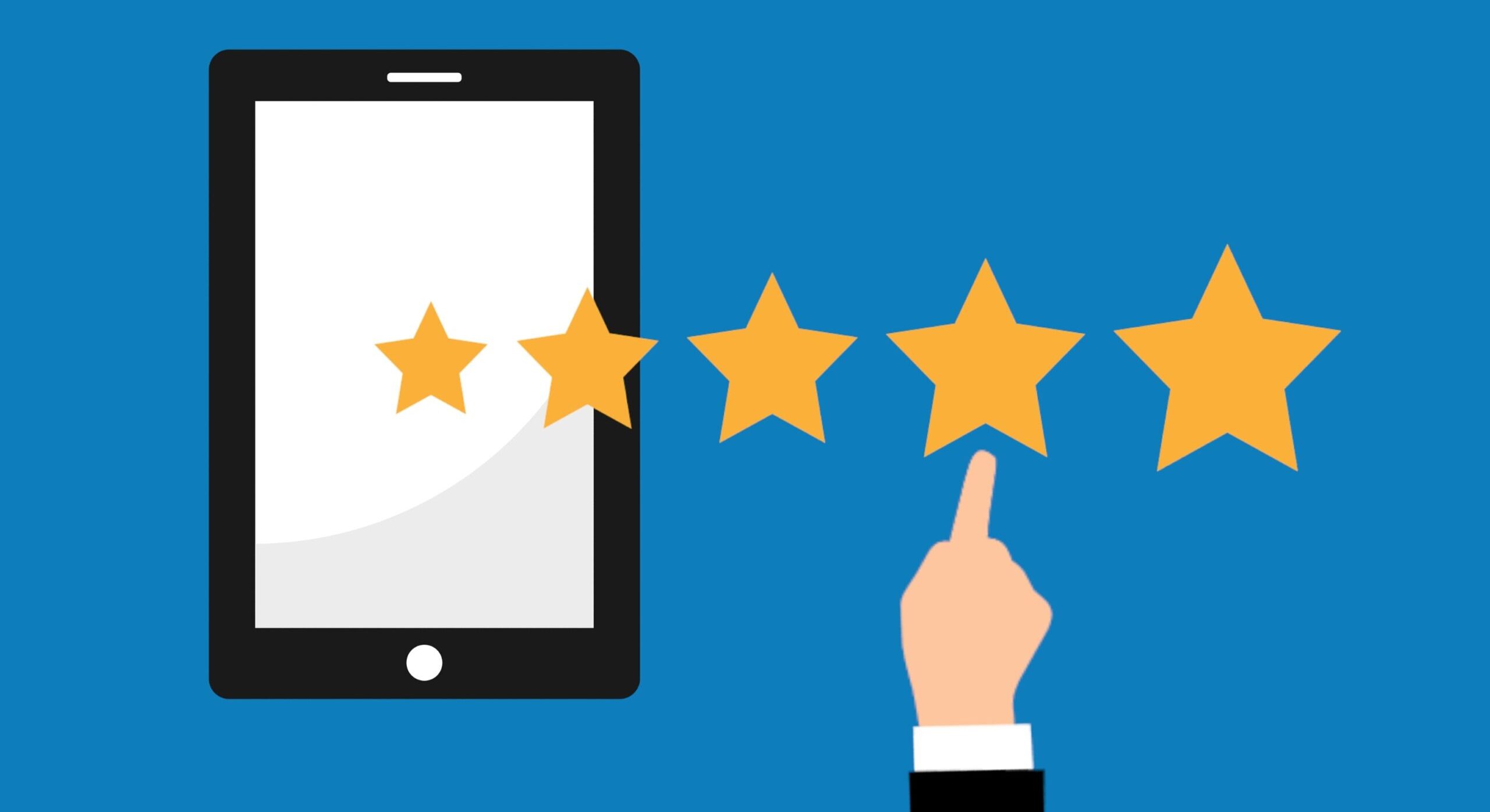 A cartoon style drawing on a tablet with five stars overlaid, with a finger pointing at the fourth star